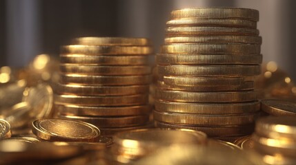 Stacked Gold Coins on a Surface with Shining Highlights and a Soft Background, Ideal for Financial, Wealth, or Investment Themes