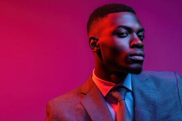 Fototapeta premium Confident man in gray suit with short hair gazes to the side, illuminated by vibrant red and blue lighting, creating dramatic shadows and highlights on his face and attire