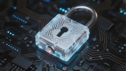 Digital padlock with circuit board background, symbolizing cybersecurity and data protection