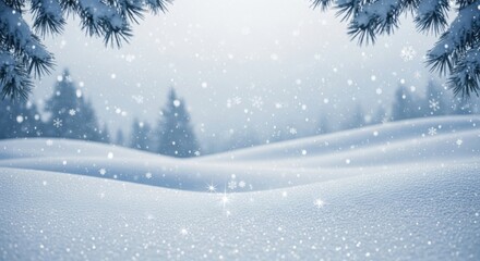 Serene Winter Landscape with Snowflakes and Pine Branches Frame