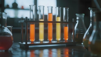 Test tubes with colored liquids in a laboratory setting