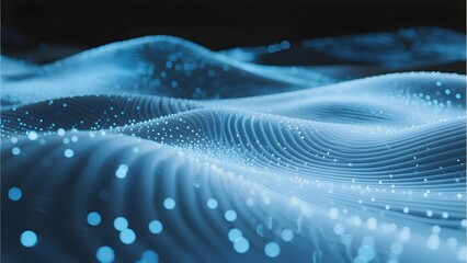 Abstract digital wave pattern with glowing particles in blue tones