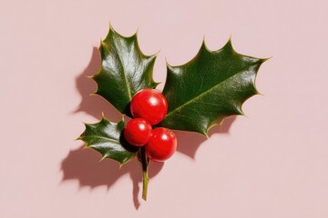 Obraz premium Close-up of holly sprig with glossy green leaves and bright red berries on pink background