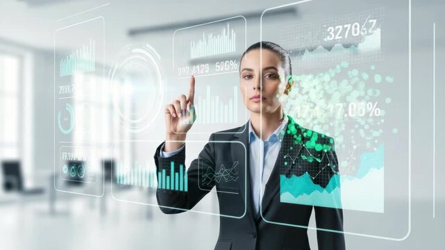 focused professional interacts with transparent holographic display showing bar charts line graphs numbers and scattered data Her finger activates the glowing interface in modern office
