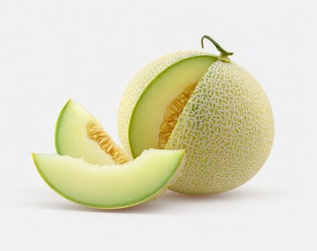 Close-up of a cantaloupe with a slice, revealing juicy interior against white