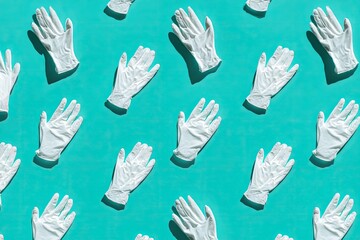 A teal background with a repeating pattern of white medical gloves casting shadows