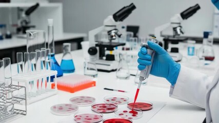 gloved hand precisely pipettes red liquid into petri dishes on lab bench surrounded by various test tubes flasks beakers and microscopes depicting scientific work - Powered by Adobe