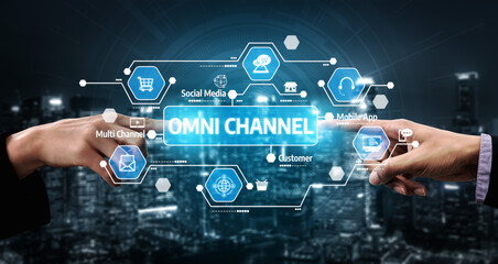 Engaging and modern visual representing an omni channel strategy with connecting hands and digital icons, showcasing the importance of integration in customer experience. Tessel