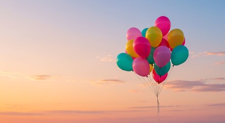 Fototapeta premium Colorful Balloons Against Beautiful Sunset Sky, Celebration Background