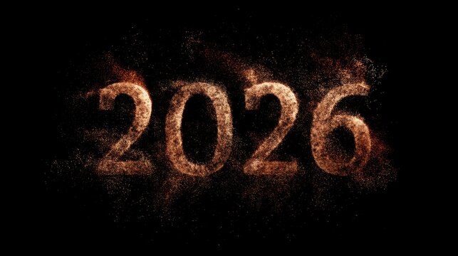 Creative representation of the year 2026 with fiery elements and dynamic texture against a dark background showcasing energy and vibrancy in design.