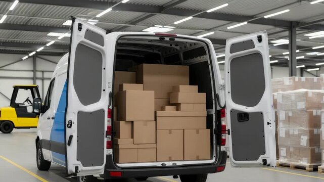 white delivery van rear doors open is packed with numerous cardboard boxes of various sizes inside large warehouse A yellow forklift and stacked pallets are in the background