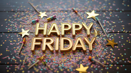 Festive Happy Friday Celebration with Gold Lettering and Colorful Confetti on Dark Wooden Surface