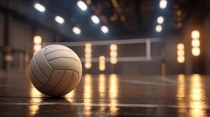 Volleyball on polished wooden floor in a spacious gymnasium with bright lights reflecting in the background creating an energetic sports atmosphere