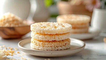 Stacked Rice Cakes on Ceramic Plate with White Background and Natural Light