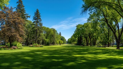 Naklejka premium Serene Landscape of Lush Green Lawn Surrounded by Tall Trees and Vibrant Foliage Under Clear Blue Sky in Tranquil Park Setting