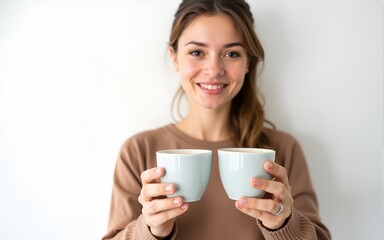 Young woman holding two cups of coffee on white background. High quality
