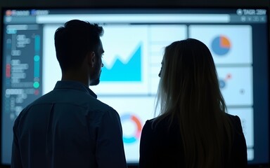 A man and a woman are looking at a large screen with graphs and charts. Scene is focused and professional, as the two people are discussing data. High quality