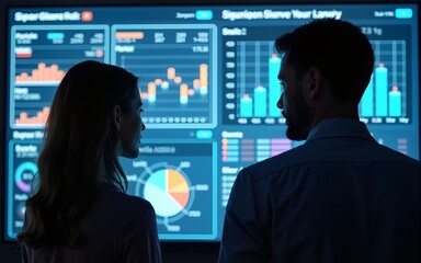 A man and a woman are looking at a large screen with graphs and charts. Scene is focused and professional, as the two people are discussing data. High quality
