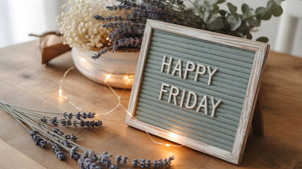 Decorative Lighted Sign with Happy Friday Message and Lavender Flowers on Wooden Table