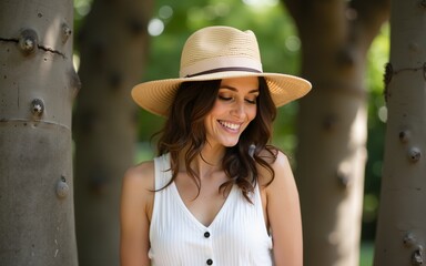 Stylish woman with straw hat standing between two trees and looking down. High quality