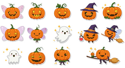 Fototapeta premium halloween pumpkins characters stickers set cute pumpkins in costumes and ghosts for holiday decoration greeting cards and spooky season designs