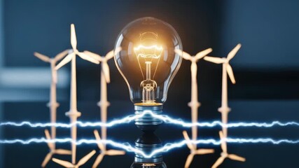 luminous light bulb stands prominently surrounded by multiple wind turbines in dark setting Electric blue arcs connect the bulb to the turbines symbolizing clean energy generation - Powered by Adobe