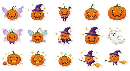 halloween pumpkin characters stickers whimsical pumpkins dressed as witches fairies and ghosts perfect for spooky season crafts and seasonal designs.