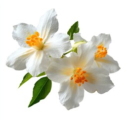 Fototapeta premium Close-up of vibrant white blossoms with bright yellow centers, green leaves, isolated on white