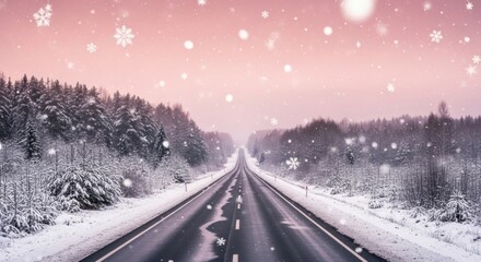 Winter Road Through Snowy Forest with Falling Snowflakes and Pink Sky