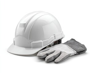 A white construction helmet rests beside a grey and white work glove on a white background