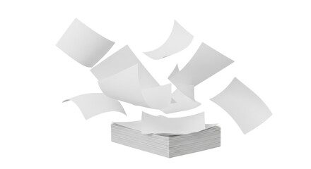 Flying blank white paper sheets, mockup empty notes in motion, isolated on white background clipping path