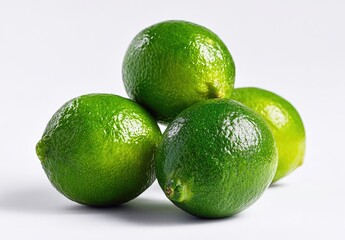 Close-up of four vibrant green citrus fruits, stacked against a clean white backdrop