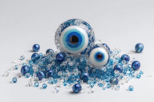 Two stylized eye charms on blue and clear bead pile, white background, close up