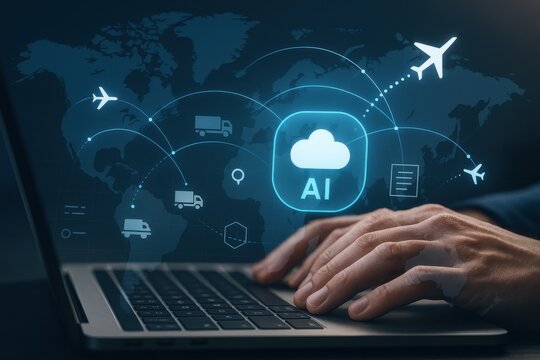 Hands using laptop with AI cloud and logistics icons symbolizing artificial intelligence in supply chain
