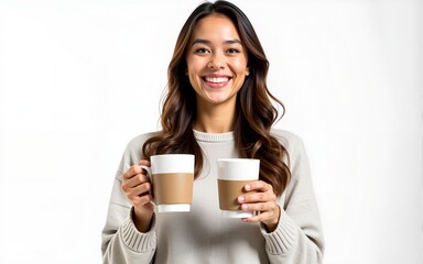 Happy young woman holding two cups of coffee on white background. High quality