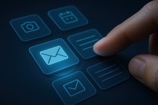 Finger pressing holographic email icon on digital interface symbolizing communication
