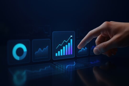Finger pointing at holographic glowing financial bar chart with rising growth trend
