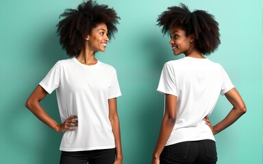 A young woman with curly hair poses in a plain white t-shirt mockup and black pants against a teal background. She is shown from the front and back, highlighting the t-shirt's fit and style.