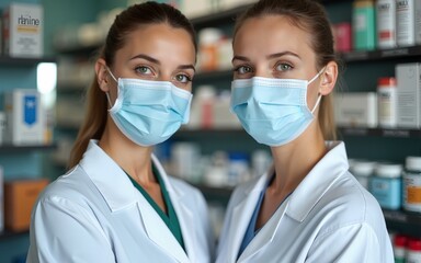Portrait of two pharmacist working  in drugstore. High quality