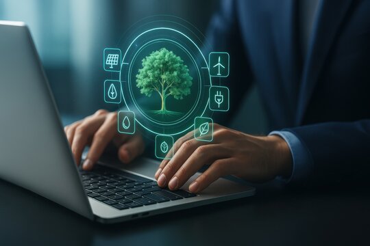 Hands typing on laptop with holographic tree and eco icons symbolizing green technology and sustainability
