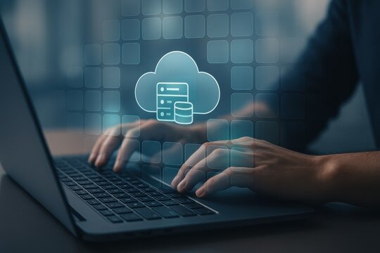 Hands using laptop with holographic cloud storage database symbolizing online data management

