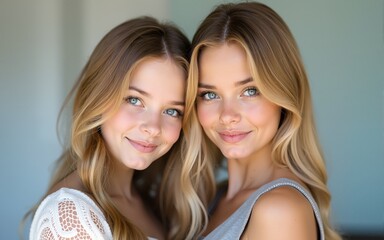 Two Blonde Sisters with Blue Eyes Posing Together. High quality
