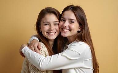 Young white two women hugging while posing on camera. High quality