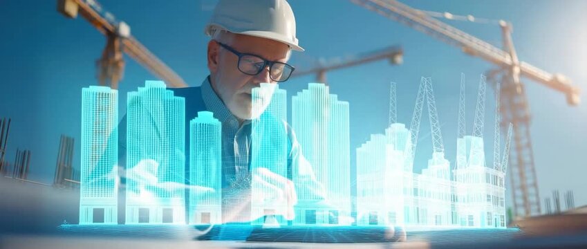 Futuristic construction site with senior engineer in hard hat interacting with glowing holographic buildings under blue sky &ndash; high-tech innovation video for smart city concepts, architecture 