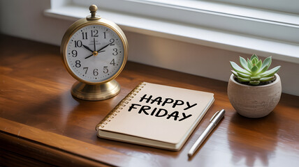 Vintage Round Gold Alarm Clock on Wooden Windowsill with Succulent Plant and Notebook Saying Happy Friday