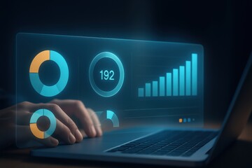 Laptop with glowing holographic analytics dashboard showing data charts and performance indicators
