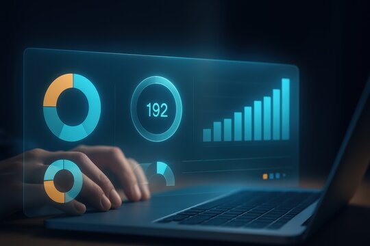Laptop with glowing holographic analytics dashboard showing data charts and performance indicators