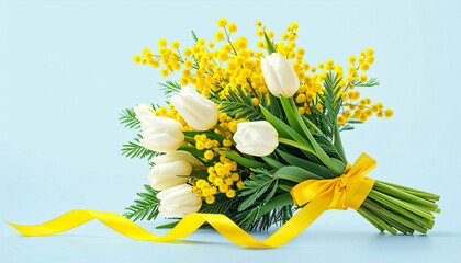 ミモザと白いチューリップの花束