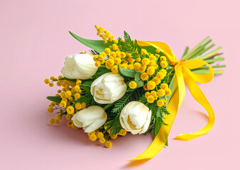 ミモザと白いチューリップの花束