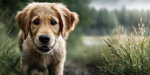 Golden retriever puppy exploring a grassy area during a cloudy day in the countryside
